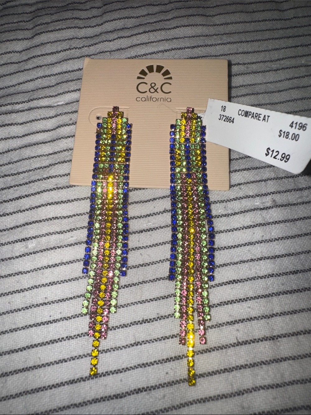 C&C California Blue, Yellow, Green and Pink Linear Crystal Fringe Earrings